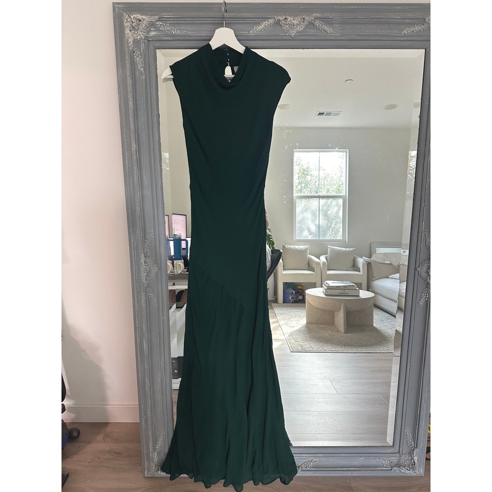 NWT Reformation Alizee Dress Forest Green Mock Neck Chiffon Maxi Gown Slvless 4 - Picture 4 of 9